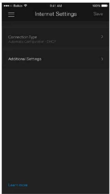 Balkin 9:41 AM Internet Settings Save Connection Type Automatic Configuration - DHCP Additional Settings Learn more