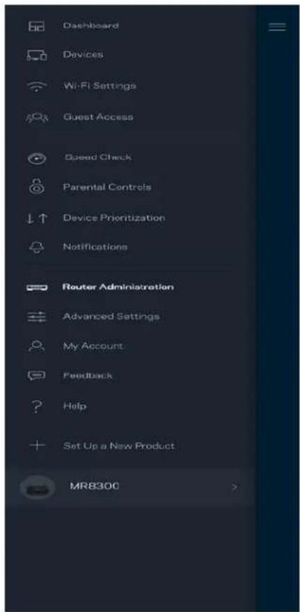 Dashboard Devices Wi-Fi Settings Guest Access Speed Check Parental Controls Device Prioritization Notifications Router Administration Advanced Settings My Account Feedback Help Set Up a New Product MR8300