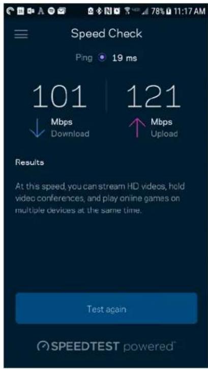 Speed Check Ping 19 ms 101 | 121 ↓ Download ↑ Mbps Upload Results At this speed, you can stream HD videos, hold video conferences, and play online games on multiple devices at the same time. Test again SPEEDTEST powered