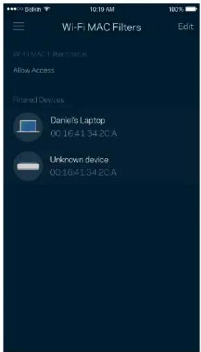 Wi-Fi MAC Filters Edit Wi-Fi MAC Filter Status Allow Access Filtered Devices Daniel's Laptop 00:16:41:34.20 A Unknown device 00:16:41:34.20 A