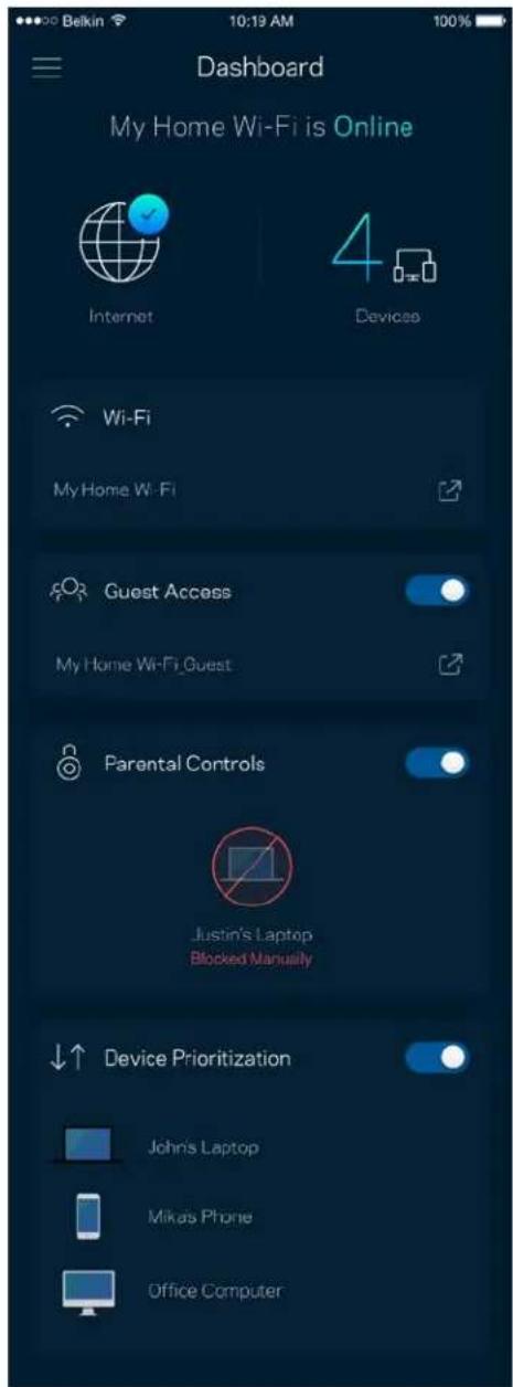 Dashboard My Home Wi-Fi is Online Internet 4 Devices Wi-Fi My Home Wi-Fi Guest Access My Home Wi-Fi Guest Parental Controls Justin's Laptop Blocked Manually Device Prioritization John's Laptop Mikas Phone Office Computer