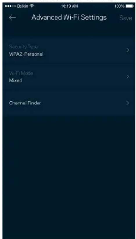 Balikin 10:19 AM 100% Advanced Wi-Fi Settings Save Security Type WPA2-Personal Wi-Fi Mode Mixed Channel Finder