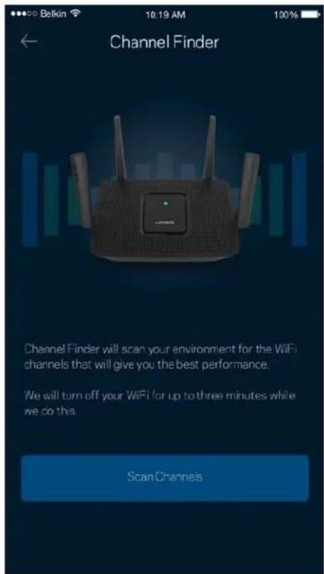 Channel Finder Channel Finder will scan your environment for the WiFi channels that will give you the best performance. We will turn off your WiFi for up to three minutes while we do this Scan Channels