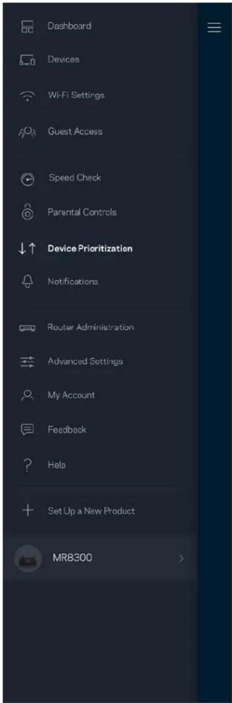 Dashboard Devices Wi-Fi Settings Guest Access Speed Check Parental Controls Device Prioritization Notifications Router Administration Advanced Settings My Account Feedback Help Set Up a New Product MR8300