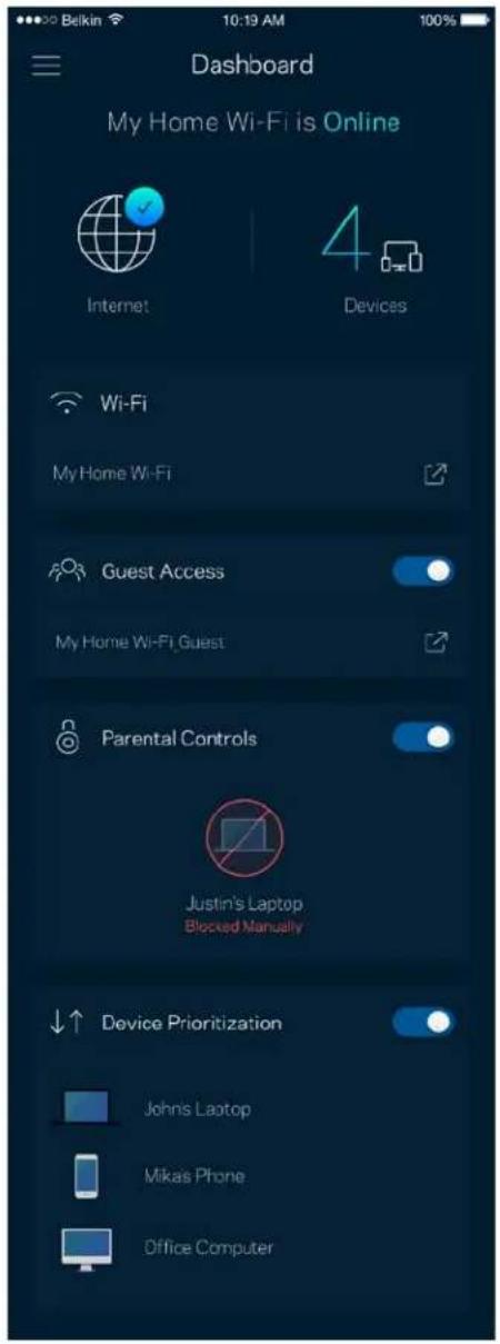 Dashboard My Home Wi-Fi is Online Internet Devices Wi-Fi My Home Wi-Fi Guest Access My Home Wi-Fi, Guest Parental Controls Justin's Laptop, Blocked Manually Device Prioritization Johns Laptop Mikas Phone Office Computer