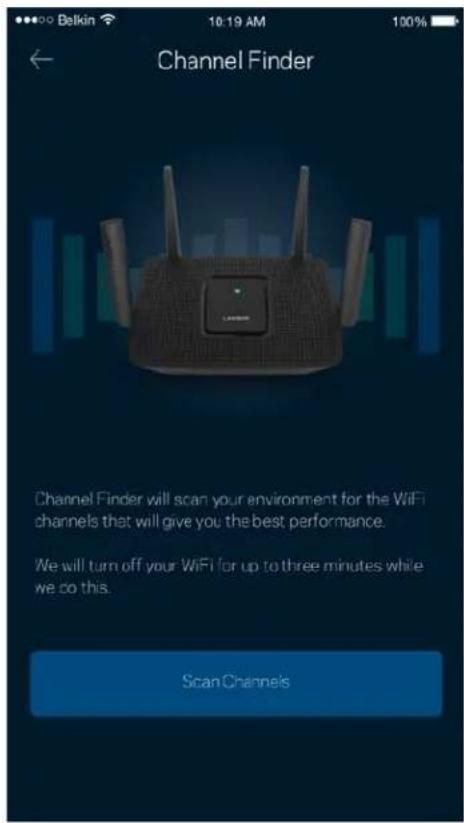 Channel Finder Channel Finder will scan your environment for the WiFi channels that will give you the best performance. We will turn off your WiFi for up to three minutes while we do this. Scan Channels