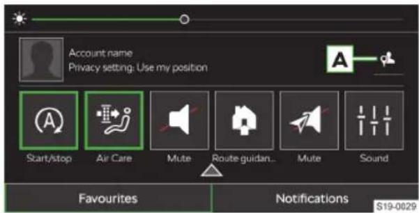 Account name Privacy setting: Use my position Start/Stop Air Care Mute: Route guidan... Mute Sound Favourites Notifications $19-0029