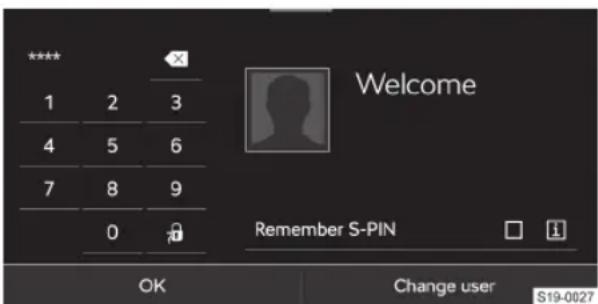 **** 1 2 3 4 5 6 7 8 9 0 Welcome Remember S-PIN OK Change user $19-0027
