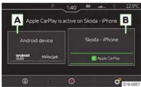 1:40 22.5°C Apple CarPlay is active on Skoda - iPhone A B Android device android outo MinoLink Skoda - iPhone Apple CarPlay S19-0657