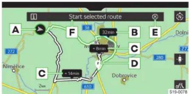 Start selected route A F 38 32min B E Dolni 272 Nimérice C + 8min C 280 Dobrovice 2km + 14min 610 S19-0078