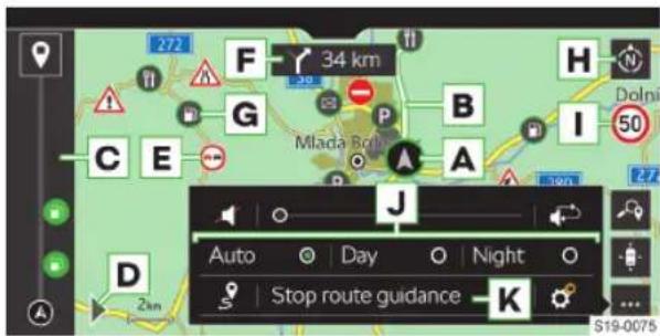 272 F 34 km G P B H Dolni 50 C E Mlada Boli A I J Auto Day Night Stop route guidance K S19-0075