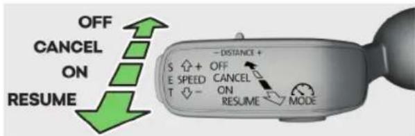 OFF CANCEL ON RESUME S ↑ + OFF E SPEED CANCEL T ↓ - ON RESUME MODE