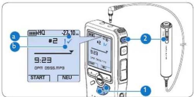 PHILIPS Voice Tracer DVT7110 - Abschreiben (Sperren) eines Diktats   Wenn Sie fertig diktiert haben und keine weiteren Änderungen mehr vornehmen möchten, markieren Sie das Diktat wie folgt als fertig gestellt und schützen Sie es vor irrtumlichem Löschen: - 1