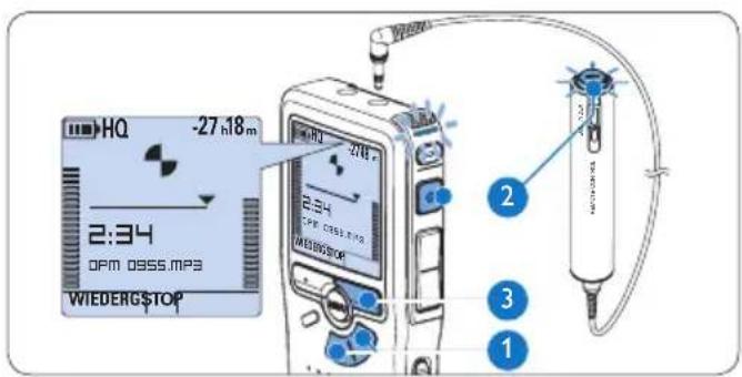 PHILIPS Voice Tracer DVT7110 - Ergänzungen in ein Diktat eingefugen   Ergänzungen zu einem Diktat werden immer am Ende der Aufnahme eingefegt, ohne die bestehende Aufnahme zu überschreiben. - 1