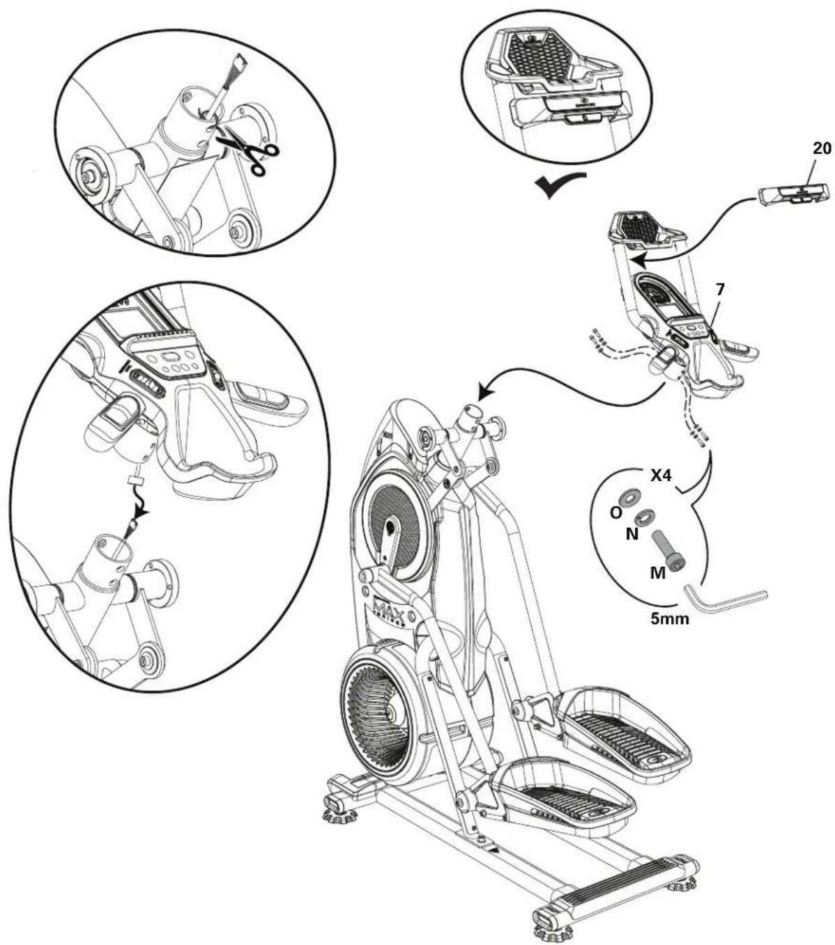 BOWFLEX Max Trainer M8 - Coupez les attaches d'expédition qui maintiennent les câbles, reliez les câbles et fixez l'ensemble console et la barre d'arrimage média - 1