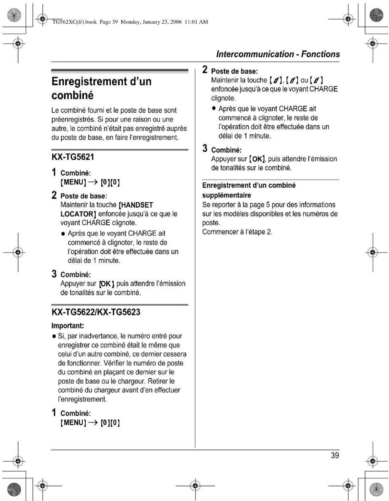 PANASONIC KXTG5622 - Transfert d'appels entre combinés et conférences téléphoniques - 1