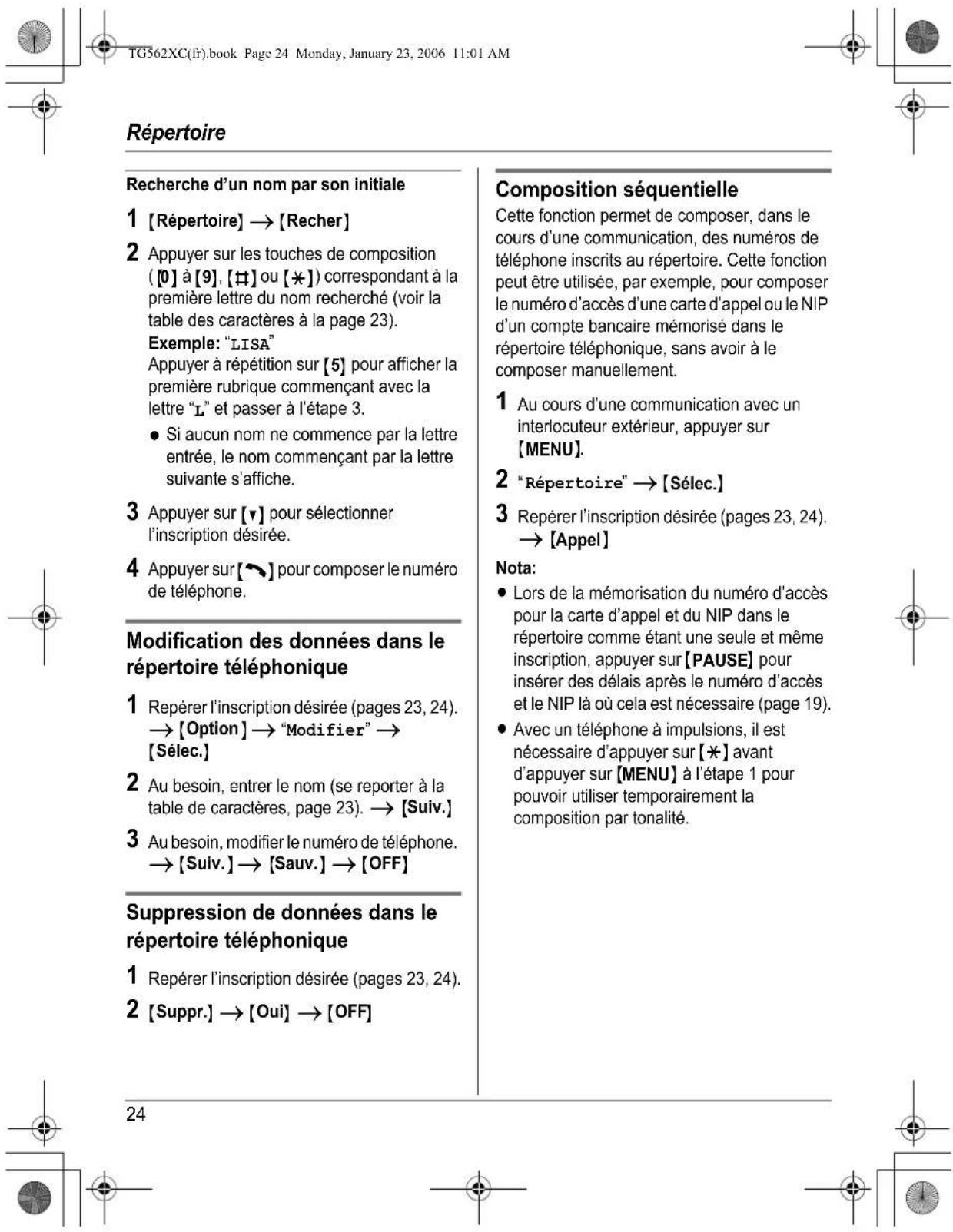 PANASONIC KXTG5622 - Recherche par ordre alphabétique (défillement des inscriptions) - 1
