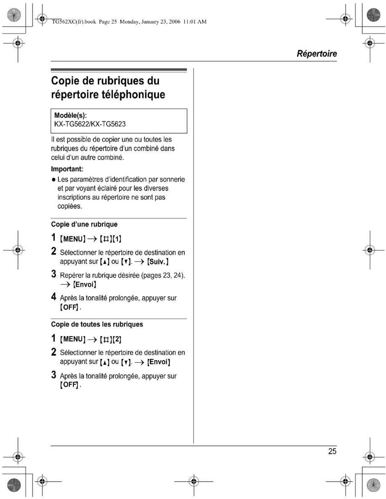 PANASONIC KXTG5622 - Recherche par ordre alphabétique (défillement des inscriptions) - 2