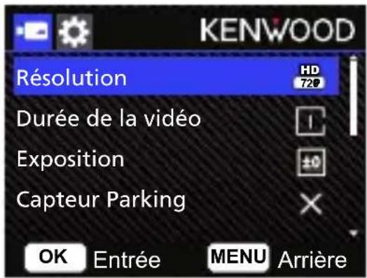 KENWOOD Résolution HD 720 Durée de la vidéo Exposition ±0 Capteur Parking OK Entrée MENU Arrière