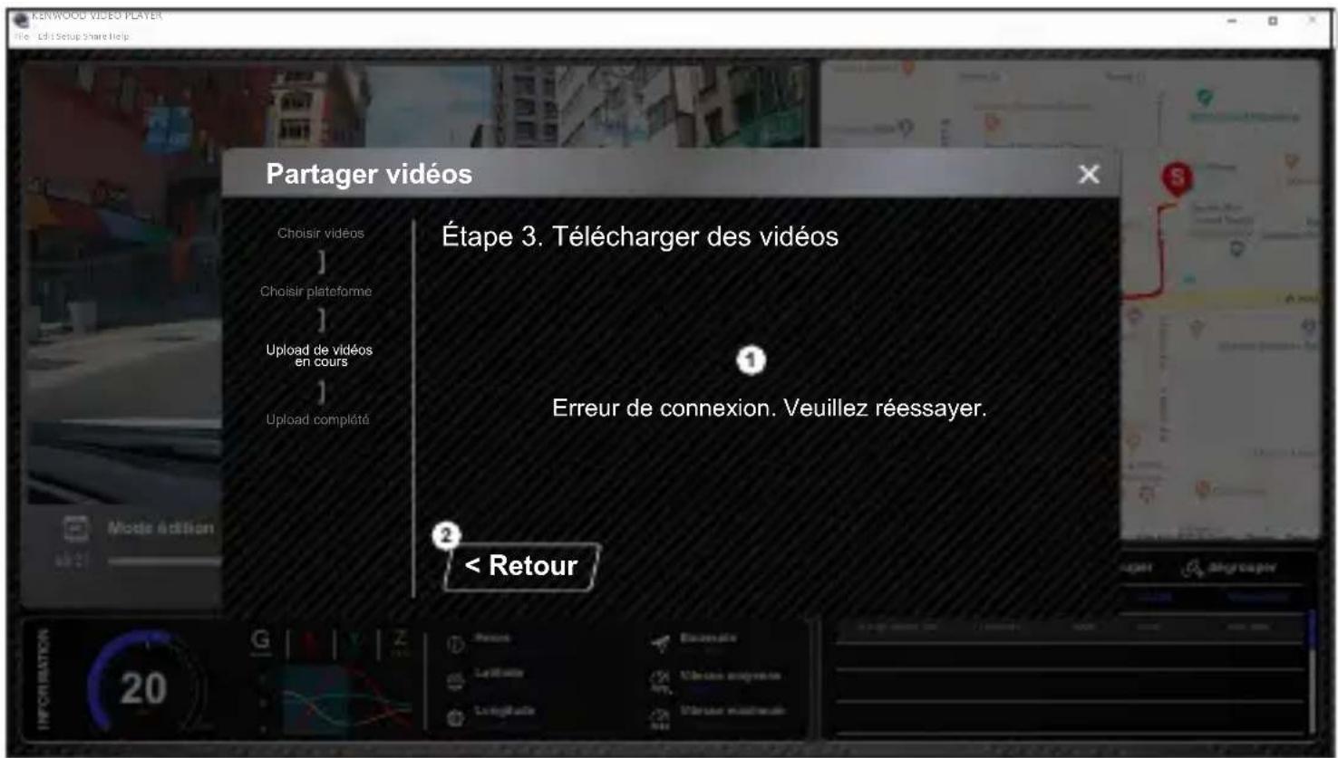 Kenwood Video Player File Edit Setup Share Help Partager vidéos Étape 3. Télécharger des vidéos Choisir vidéos ] Choisir plateforme ] Upload de vidéos en cours ] Upload complété 1 Erreur de connexion. Veuillez réessayer. 2 < Retour OK 20 G Z D Enmation Leffère Léveille Euroule envoire Udeur uneufreue