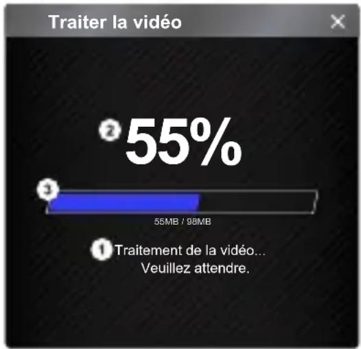 Traiter la vidéo ② 55% ③ 55MB / 98MB ① Traitement de la vidéo... Veuillez attendre.