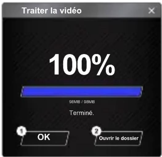 Traiter la vidéo 100% 98MB / 98MB Terminé. ① OK ② Ouvrir le dossier