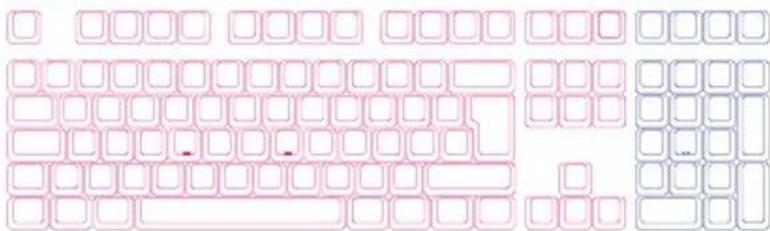 Cropped image of a standard keyboard layout with pink and blue outline cells, some showing text or symbols.