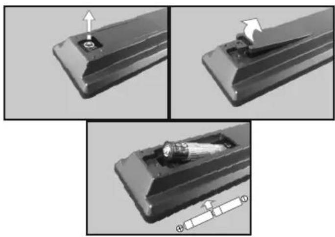 TOSHIBA TDP493 - Insertion des piles dans la télécommande - 1