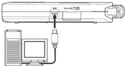 Diagram showing connection between a device and a computer, with labeled ports and cable connections