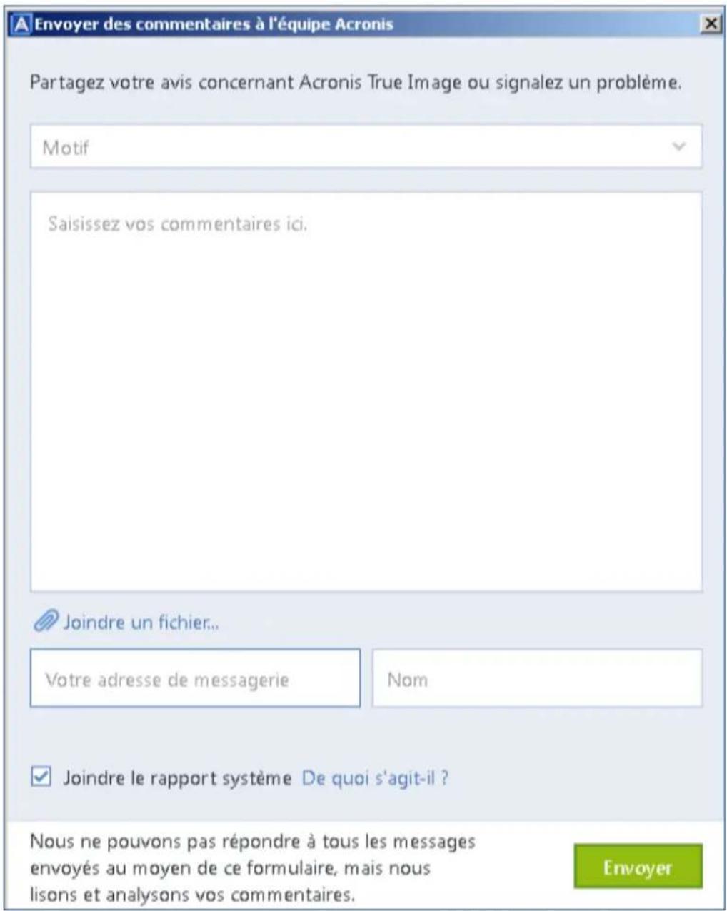 ACRONIS True Image 2019 - Pour envoyer un commentaire à Acronis : - 1