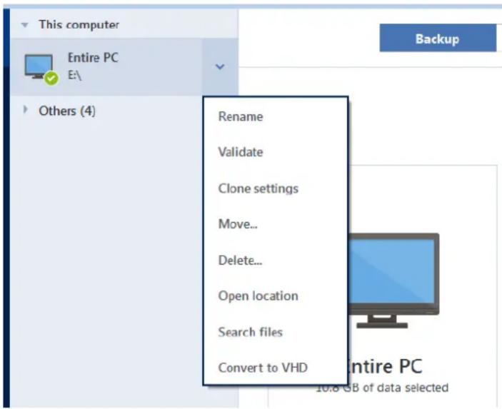 ACRONIS True Image 2019 - Menu d'opérations de sauvegarde - 1