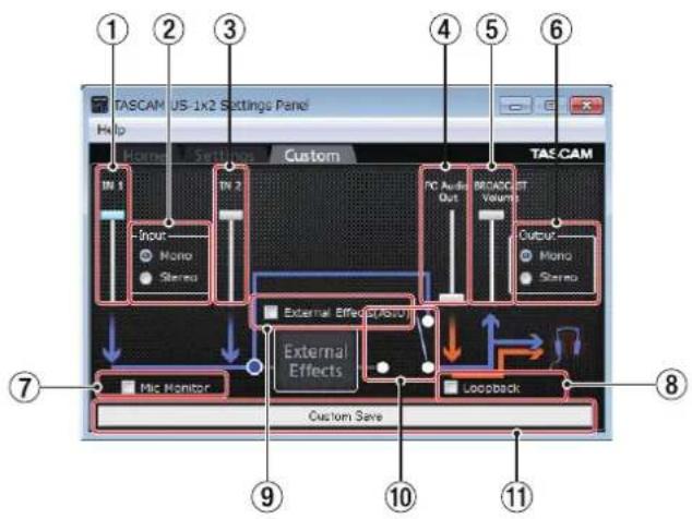 TASCAM US1X2 - – Emploi du panneau de réglages (Settings Panel) - 1