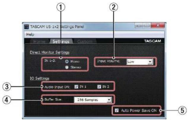 TASCAM US1X2 - Page des réglages (Settings) - 1