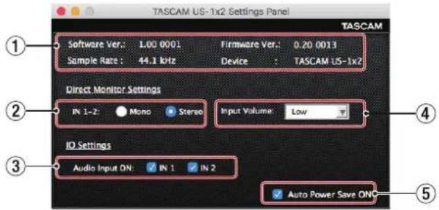 TASCAM US1X2 - Présentation du panneau de réglages (Settings Panel) pour Mac - 1