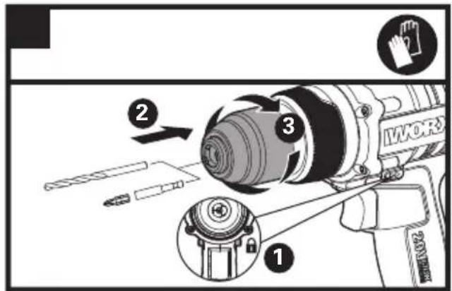 Diagram illustrating the working principle of a power tool with labeled parts including grip, lock, and hand gesture.