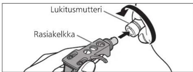 TECHNICS SL1200GR - Asenna rasiakelkka äinivarteen äinirasian kanssa. Pidä rasiakelkka vaaka-asennossa ja kirista lukitusmutteri. - 1