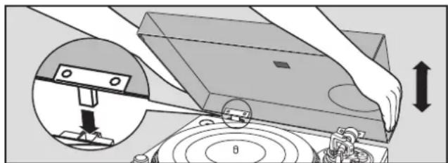 TECHNICS SL1200GR - Saisissez le couvercle anti-poussières à deux mains et mettez-le en place dans les pieces de fixation du couvercle anti-poussières (  11) sur le lecteur. - 1