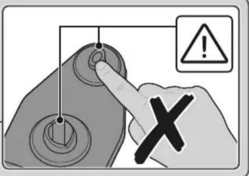 Diagram showing a hand pressing a button with an exclamation mark and warning symbol