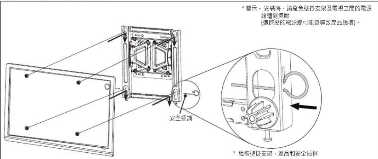 安全插銷 * 警示 - 安裝時，請避免壁掛支架及電視之間的電源線遭到擠壓 (遭擠壓的電源線可能會導致產品損壞)。 * 組裝壁掛支架、產品和安全插銷