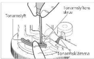TECHNICS SL1000R - Vänd tonarmen till armstödet, klåm fast den med armens klämm och vrid skruven for att justera Höden samtidigt som du trycker pa arm-lyfet med fingret. - 1
