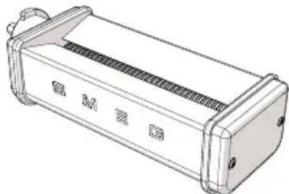 Technical line drawing of a rectangular electronic device with slots and mounting brackets (no text or symbols)