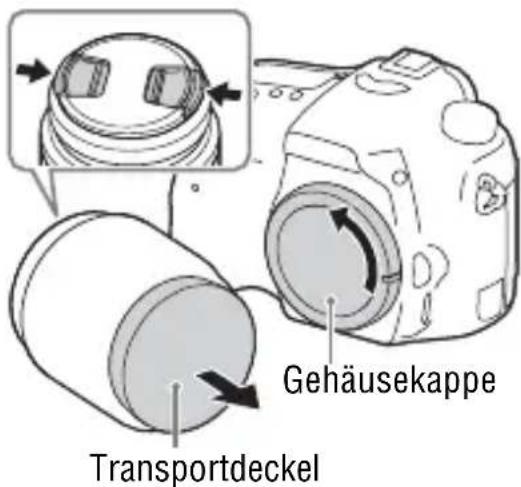 SONY Alpha ILCA68K - Nehmen Sie den Gehäusedeckel von der Kamera und den Transportdeckel von der Rückseite des Objektivs ab. - 1
