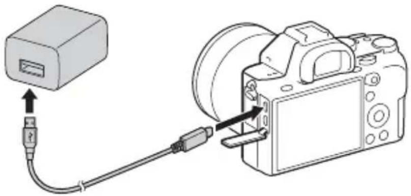 SONY Alpha ILCE7M2K - Verbinden Sie die Kamera über das Micro-USB-Kabel (mitgeliefert) mit dem Netzteil (mitgeliefert), und schließen Sie das Netzteil an eine Netzsteckdose an. - 1
