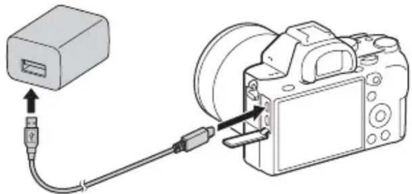 SONY Alpha ILCE7M2K - 5Podłącz aparat do zasilacza sieciowego (w zestawie) za pośrednictwem przewodu micro USB (w zestawie), a zasilacz do gniazda elektrycznego. - 1