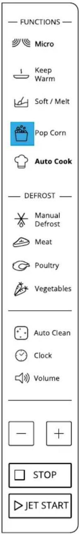 FUNCTIONS — Micro Keep Warm Soft / Melt Pop Corn Auto Cook DEFROST — Manual Defrost Meat Poultry Vegetables Auto Clean Clock Volume — + STOP JET START