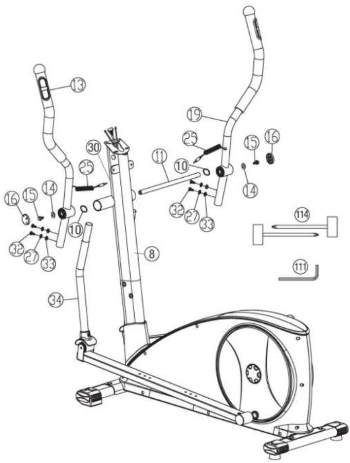 Christopeit CX 7 - Installation of the footrest holder (100+103) at pedal crank (91). - 2