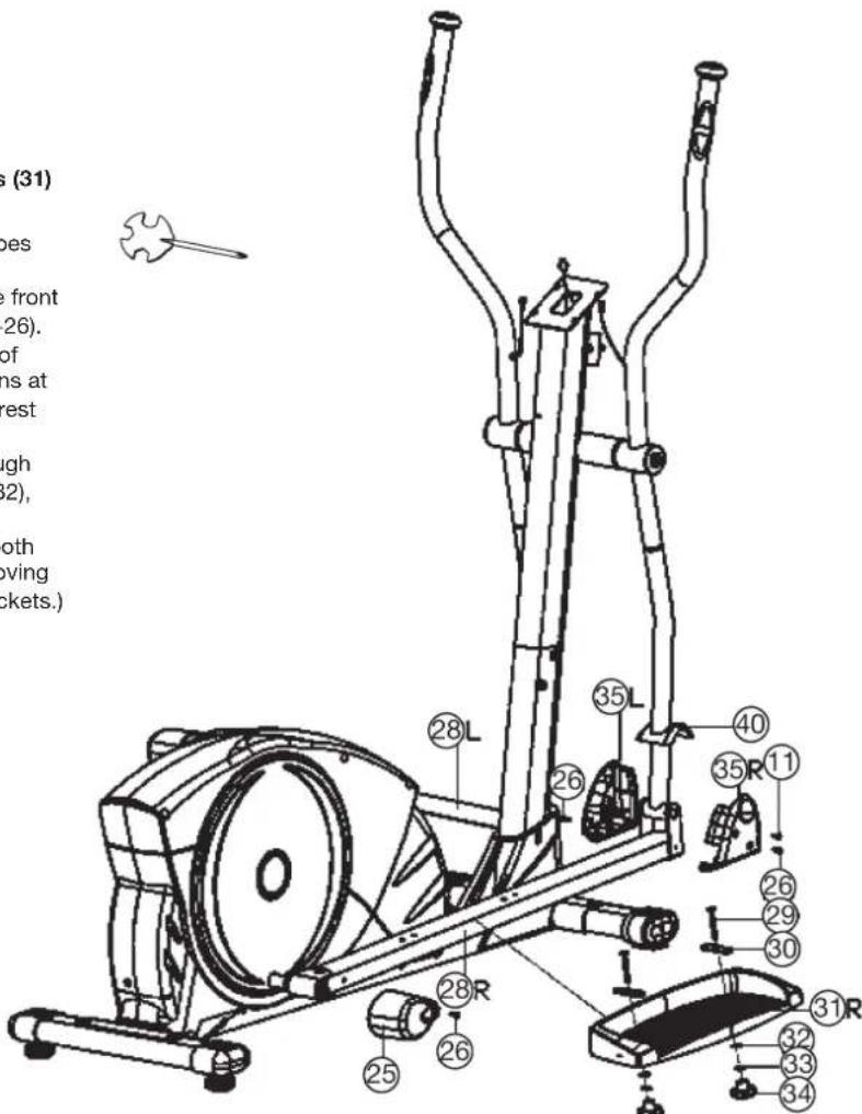 Christopeit BLUE T2 - Step 5: Installation of the front/rear pedal tube covers (25+35) and pedals (31) on pedal tubes (28). - 1