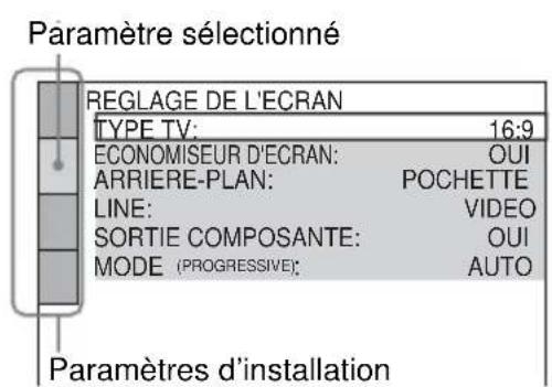 SONY DVPNS360 - Appuyez sur ↑/↓ pour sélectionner le paramètre d'installation dans la liste affichée : “CHOIX DE LA LANGUAGE”, “REGLAGE DE L'ECRAN”, “REGLAGE PERSONNALISE”, ou “REGLAGE AUDIO”. Puis appuyez sur ENTER. - 1