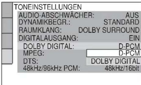 SONY DVPNS360 - Wahlen Sie mit ↑/↓ den Typ des Dolby Digital-Signals aus, der an den Veränderer (Receiver) gesendet werden sollen. - 1