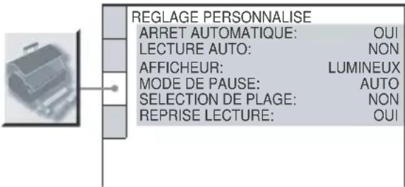 REGLAGE PERSONNALISE ARRET AUTOMATIQUE: OUI LECTURE AUTO: NON AFFICHEUR: LUMINEUX MODE DE PAUSE: AUTO SELECTION DE PLAGE: NON REPRISE LECTURE: OUI